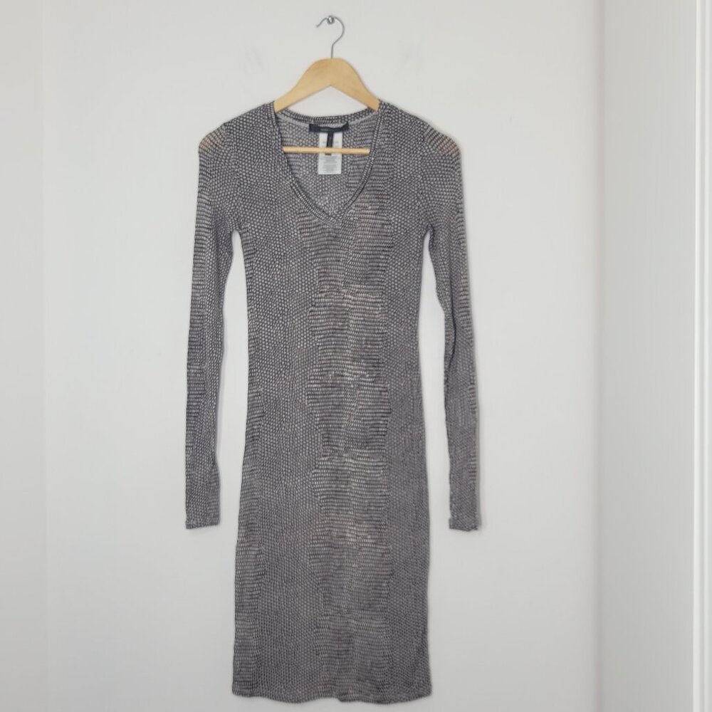 BCBGMaxAzria Women Tan Black Full Sleeve Polka Dot V Neck Pullover Midi Dress S